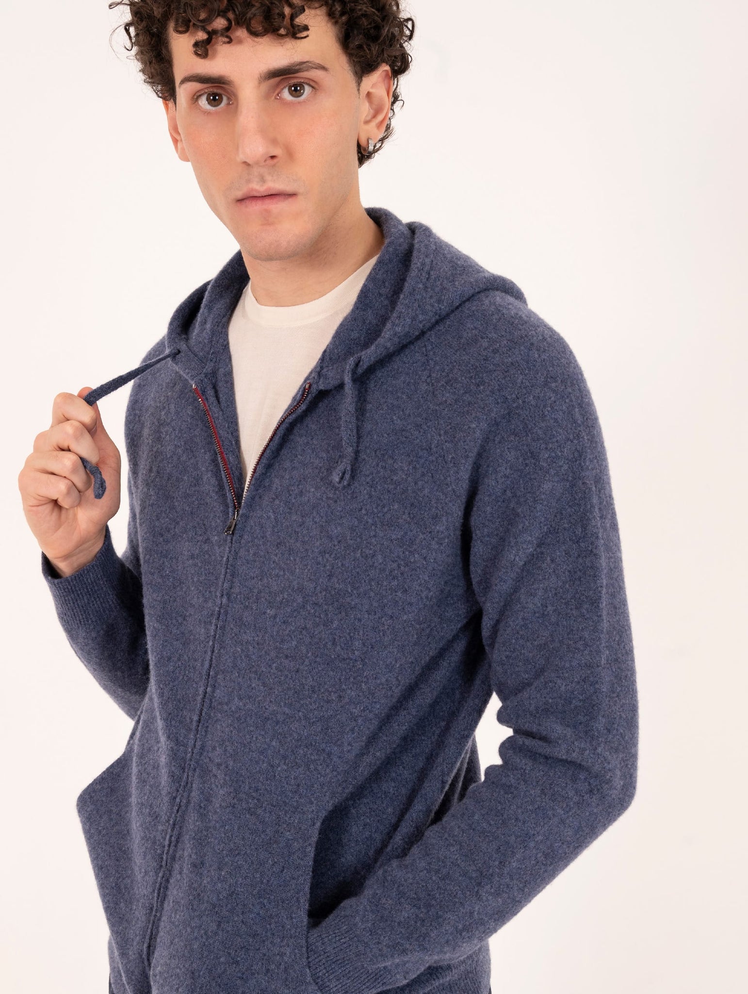 Felpa con Zip e Cappuccio H953 in Lana Blu