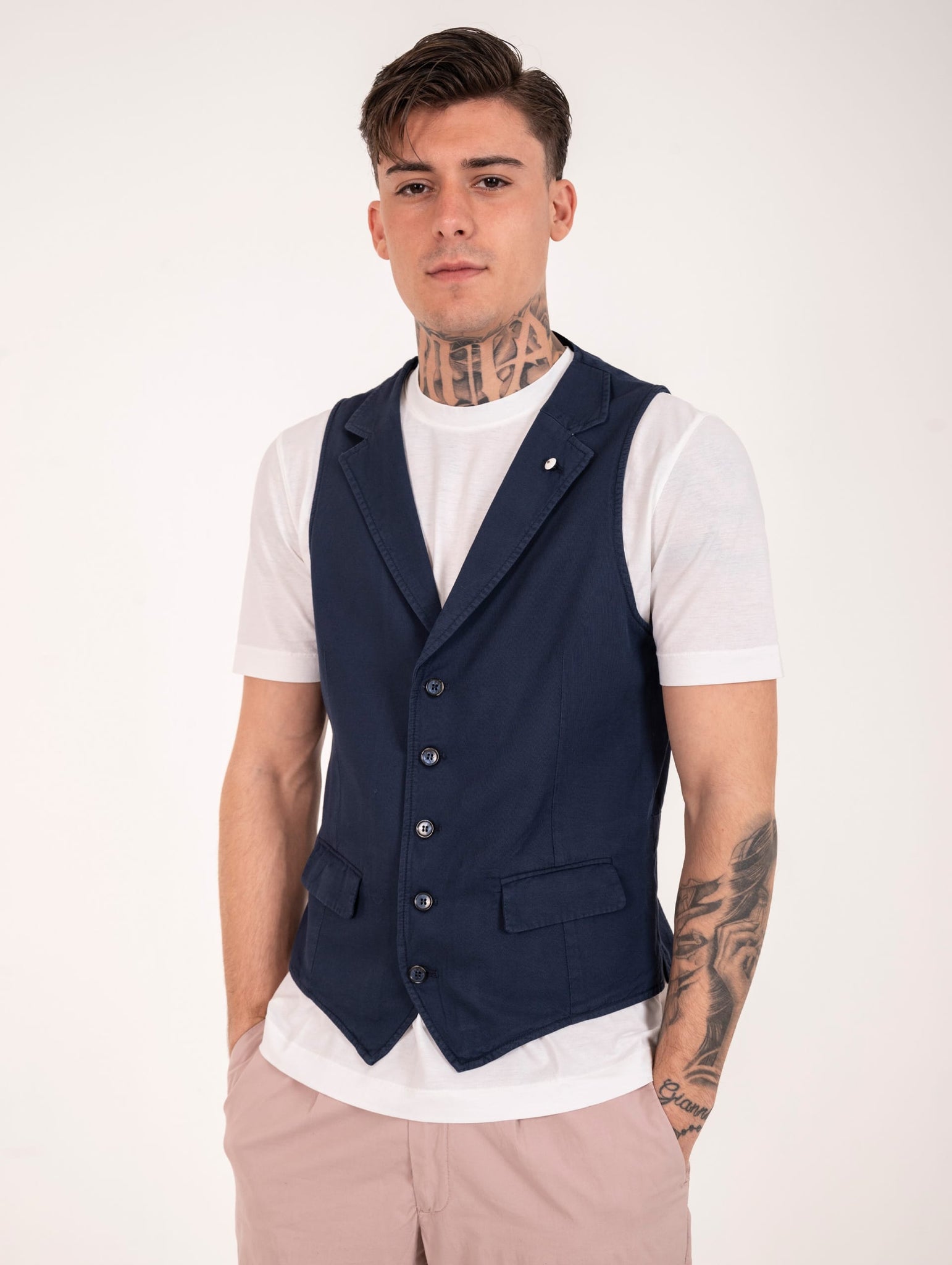 Gilet Monopetto L.B.M. 1911 in Cotone e Lino Blu