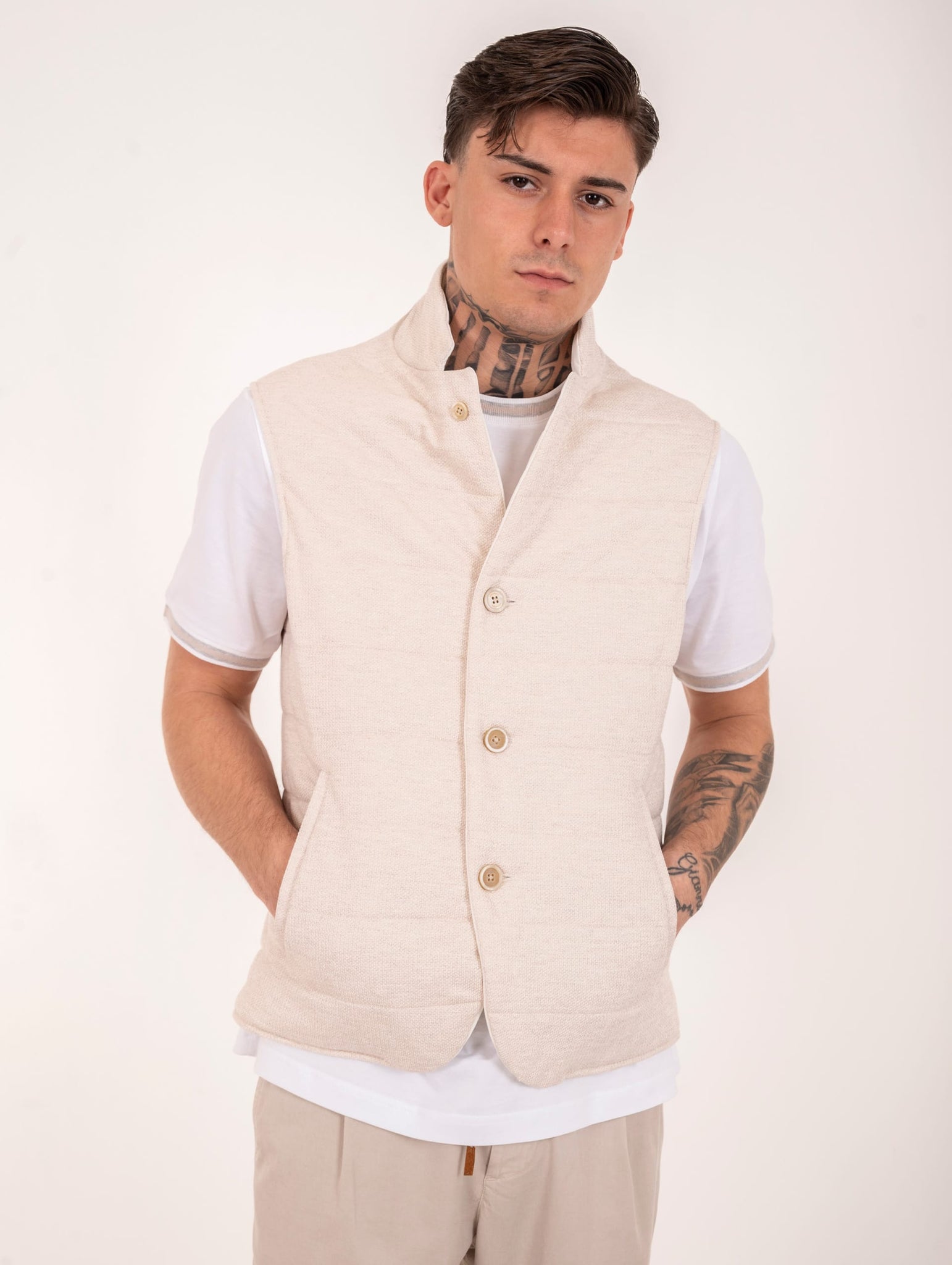 Gilet Reversibile Eleventy Milano in Lino e Cotone E. Zegna Bianco ed Avorio