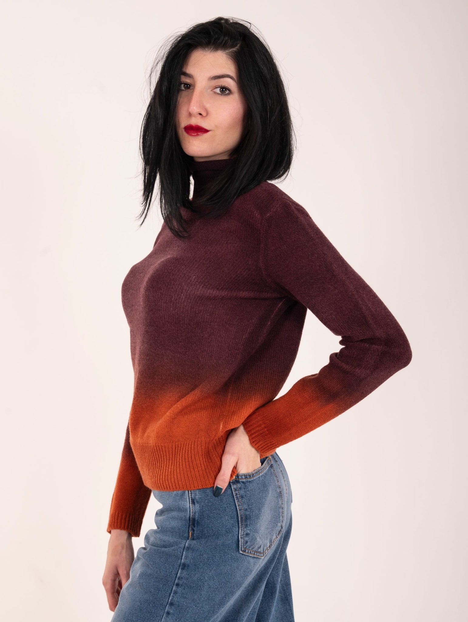 Maglia Collo Alto Base in Lana Merinos e Cashmere Degradè Prugna e Arancio