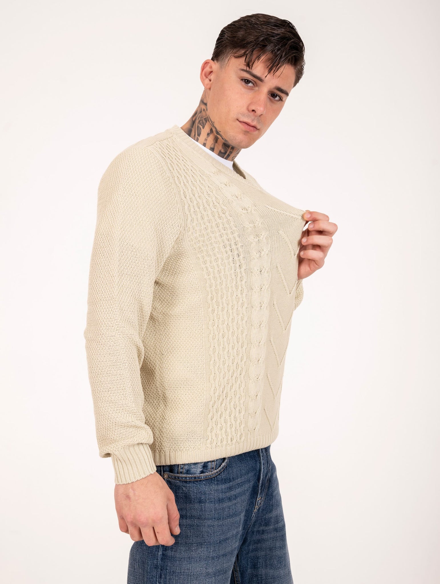 Maglia Fisherman Scollo a V H953 in Cotone Avorio