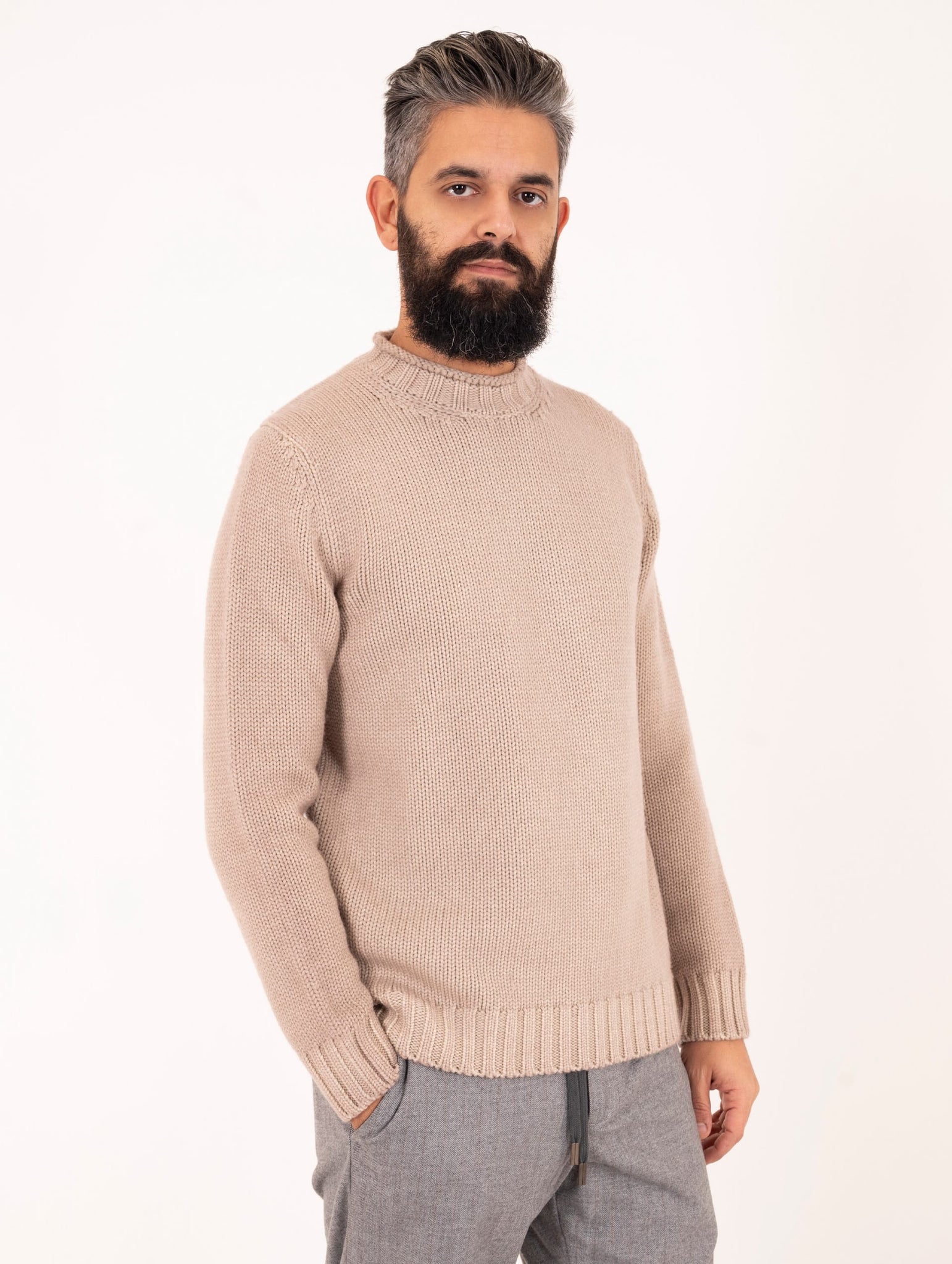 Maglia Girocollo H953 Costa Larga in Lana Merinos Beige