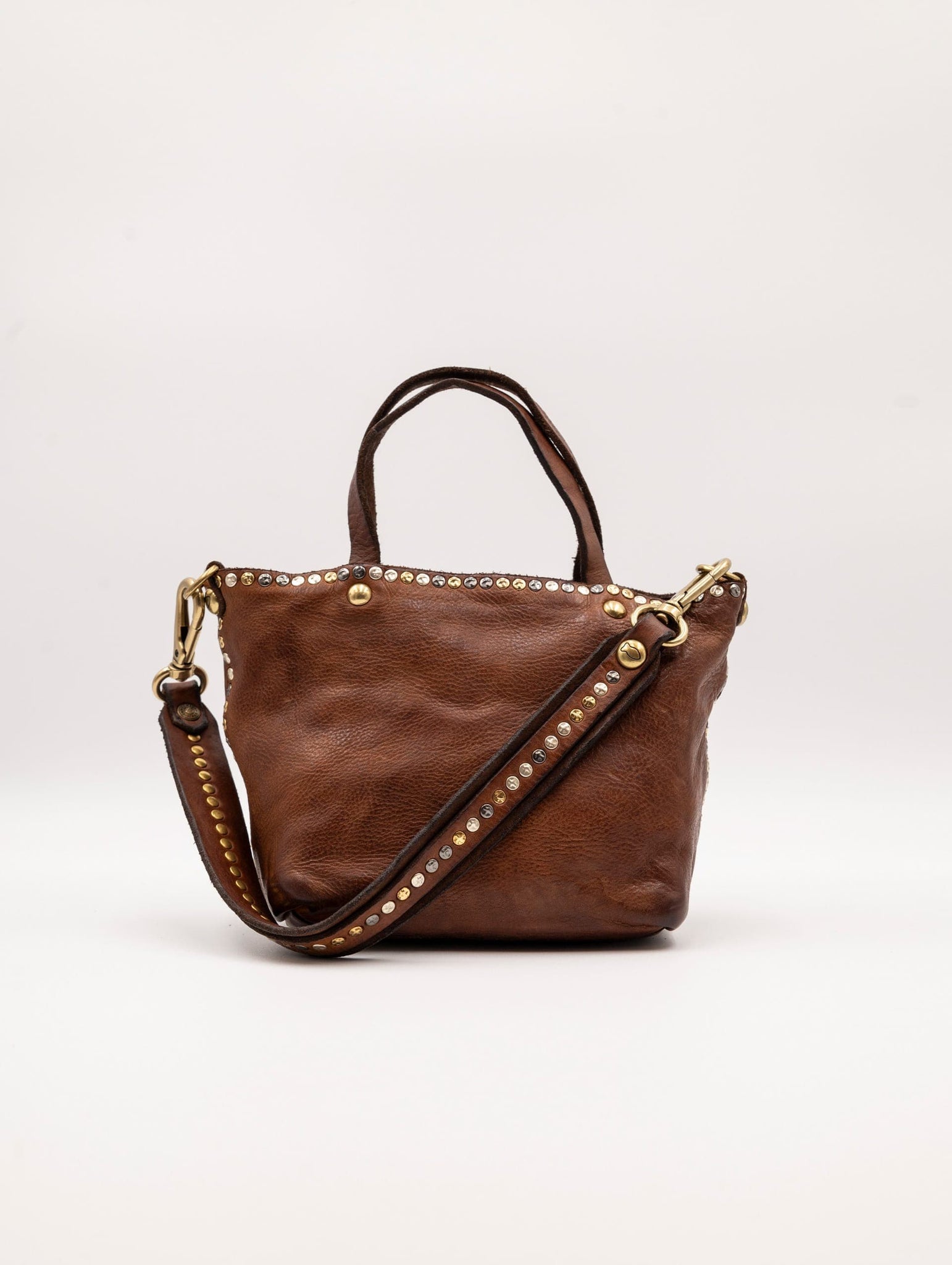 Mini Shopper Kura Campomaggi con Borchie in Pelle Cognac