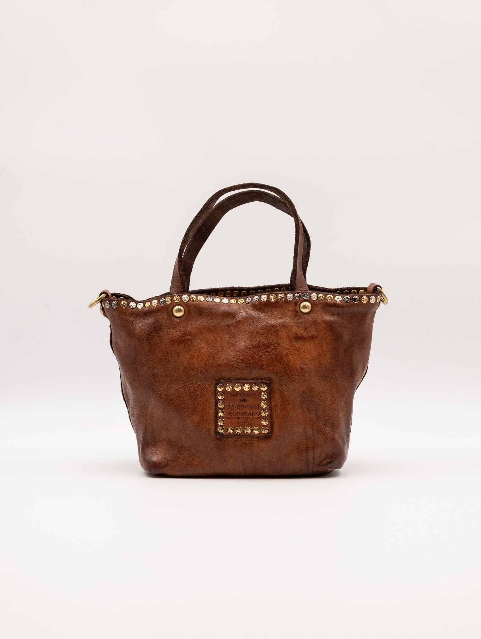 Mini Shopper Kura Campomaggi con Borchie in Pelle Cognac