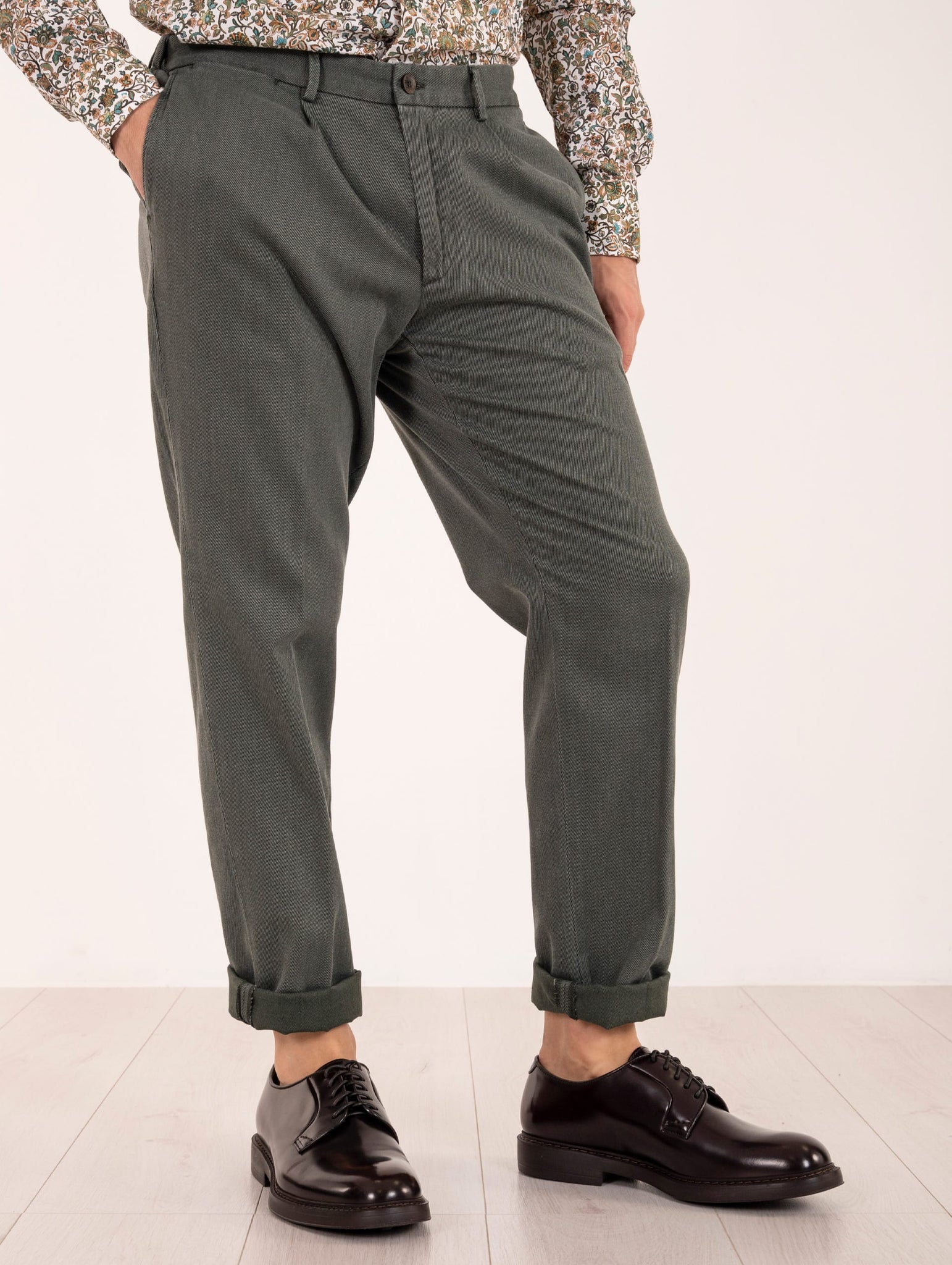 Pantalone Devore in Cotone Cover Melange Verde e Panna