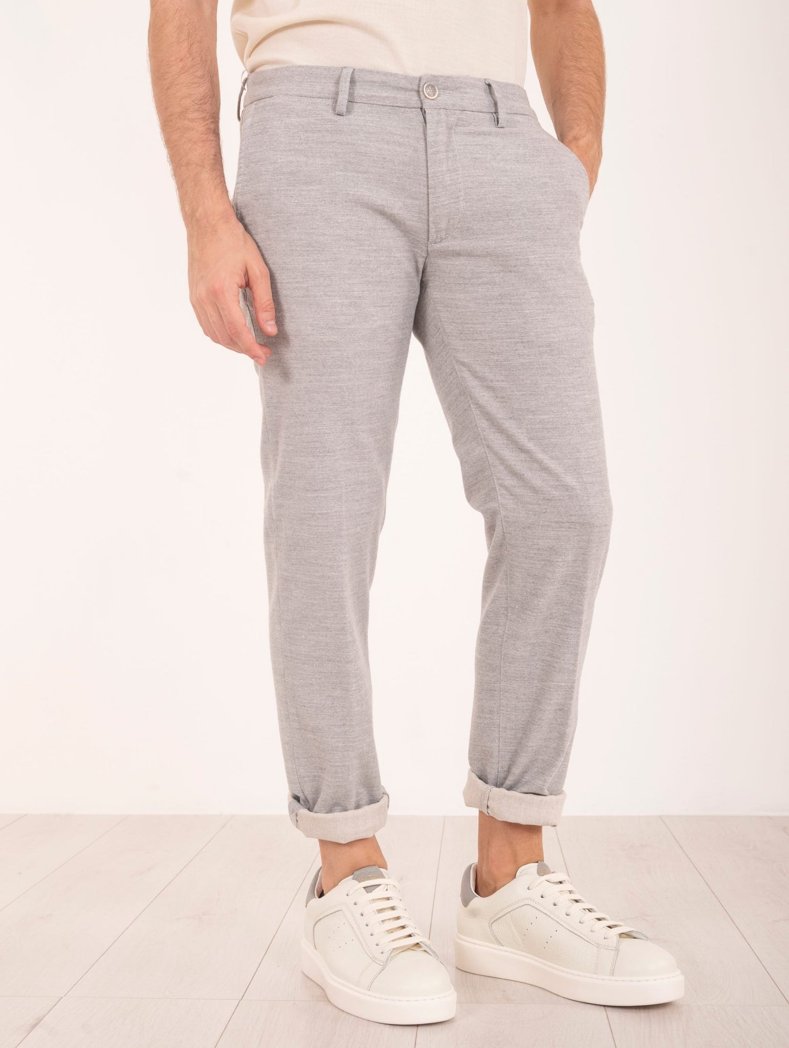 Pantalone Re-Hash in Cotone e Viscosa Spigato Grigio Chiaro Melange